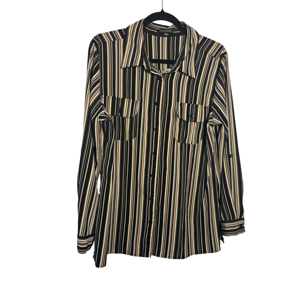 Notations Button Down Blouse Large Black Tan Striped Roll Tab‎ Dark Academia